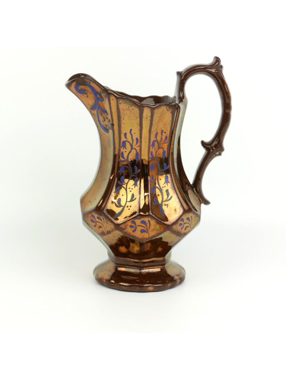 Antique Victorian Copper Lustre Lusterware Pitcher Jersey Jug Blue Floral Paint
